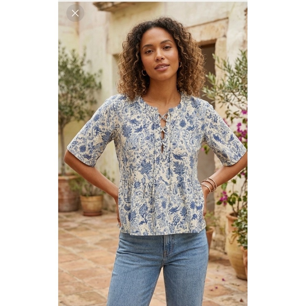 Faherty 100% Linen Top Sz S Blue Relaxed Fit Coastal Floral Peplum Short Sleeve